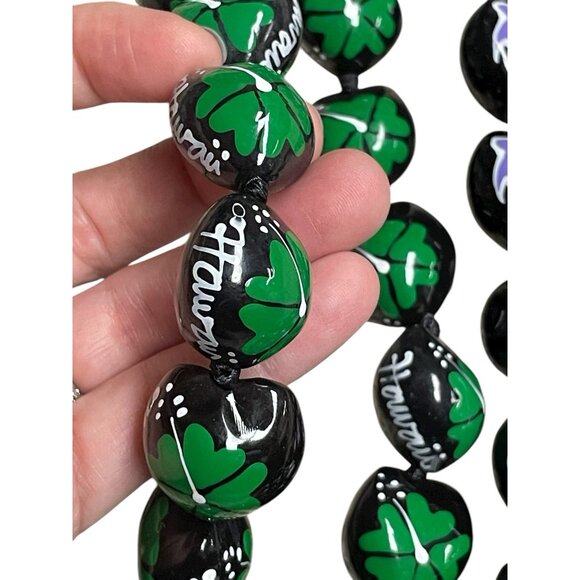 Kukui Nut Lei Necklace Hand Painted Hawaii Flowers Turtle Ribbon Ties Lot Of 3 - Picture 3 of 7